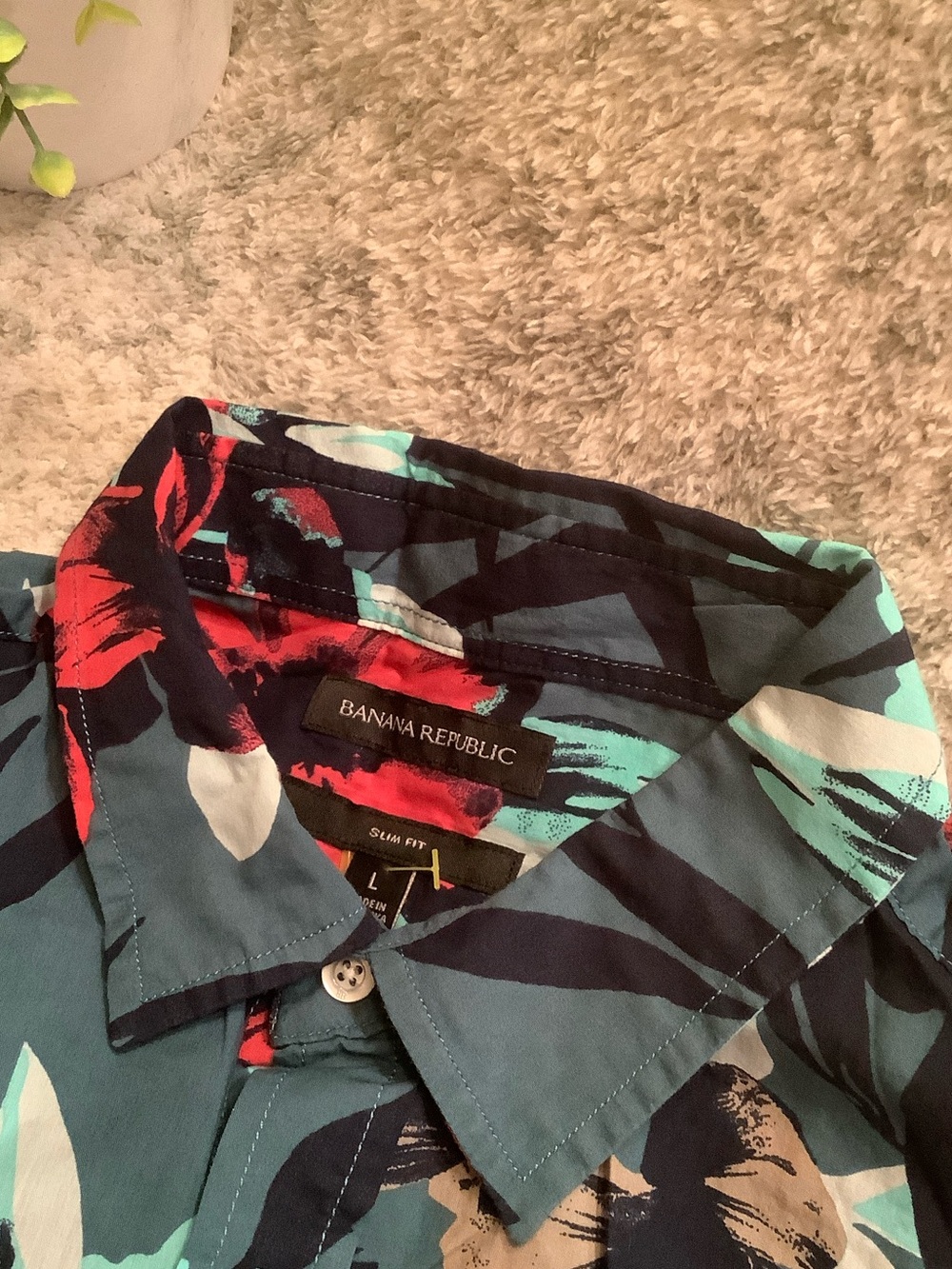 Banana Republic Tropical Red Teal Floral Dress Shirt Size L slim fit NWT Cotton - Picture 2 of 14